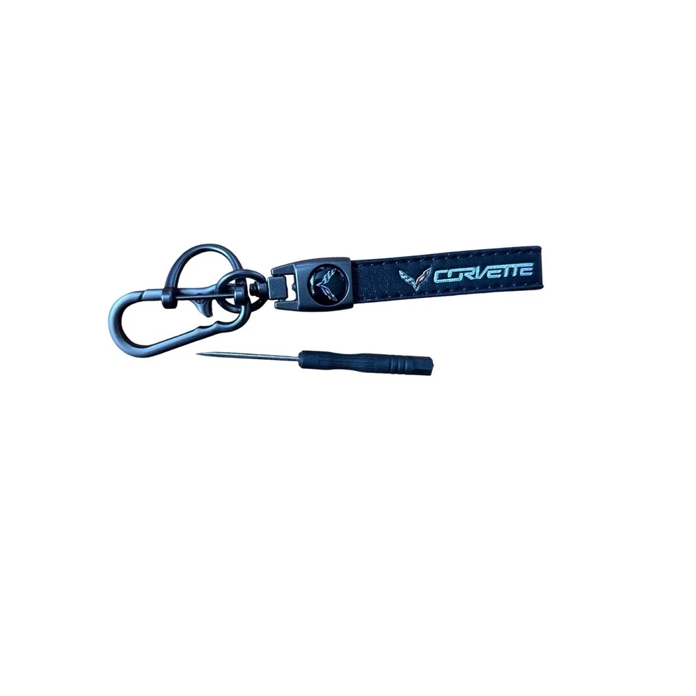Corvette Black Leather Keychain Silver Logo Carabiner Key Fob Holder with Tool